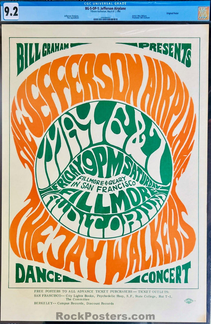 AUCTION - BG-5 - Jefferson Airplane - Wes Wilson - 1966 Poster - Fillmore Auditorium - CGC Graded 9.2-5140915-3838781