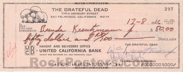 AUCTION - Grateful Dead - Lesh & Kreutzmann Signed - 1966 Check - Near Mint-5232805-3905804