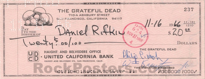 AUCTION - Grateful Dead - Lesh & Kreutzmann Signed - Danny Rifkin - 1966 Check - Near Mint-5232758-3905826