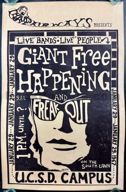 AUCTION -  Giant Free Happening - Freak Out - 1967 Poster - UCSD Campus San Diego - Excellent-5231518-3906135