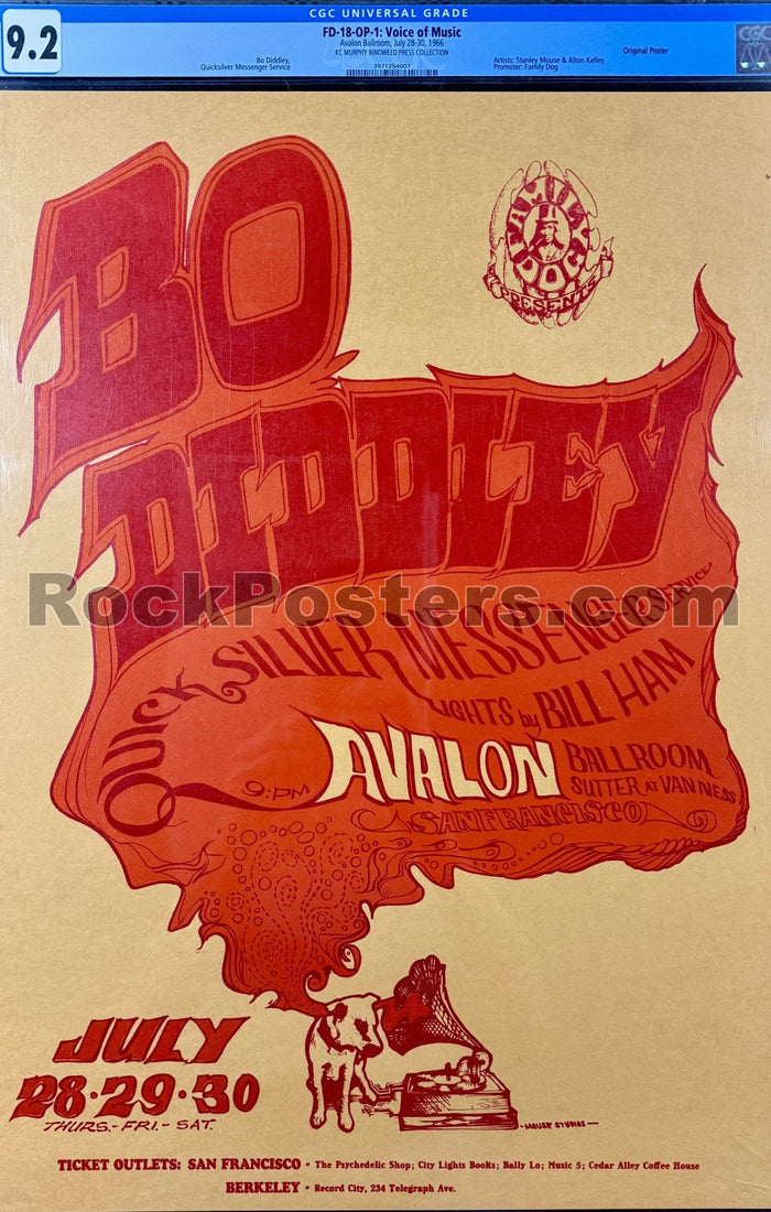 AUCTION - FD-18 - Bo Diddley - Mouse & Kelley - 1966 Poster - Avalon Ballroom - CGC Graded 9.2-5229334-3906166