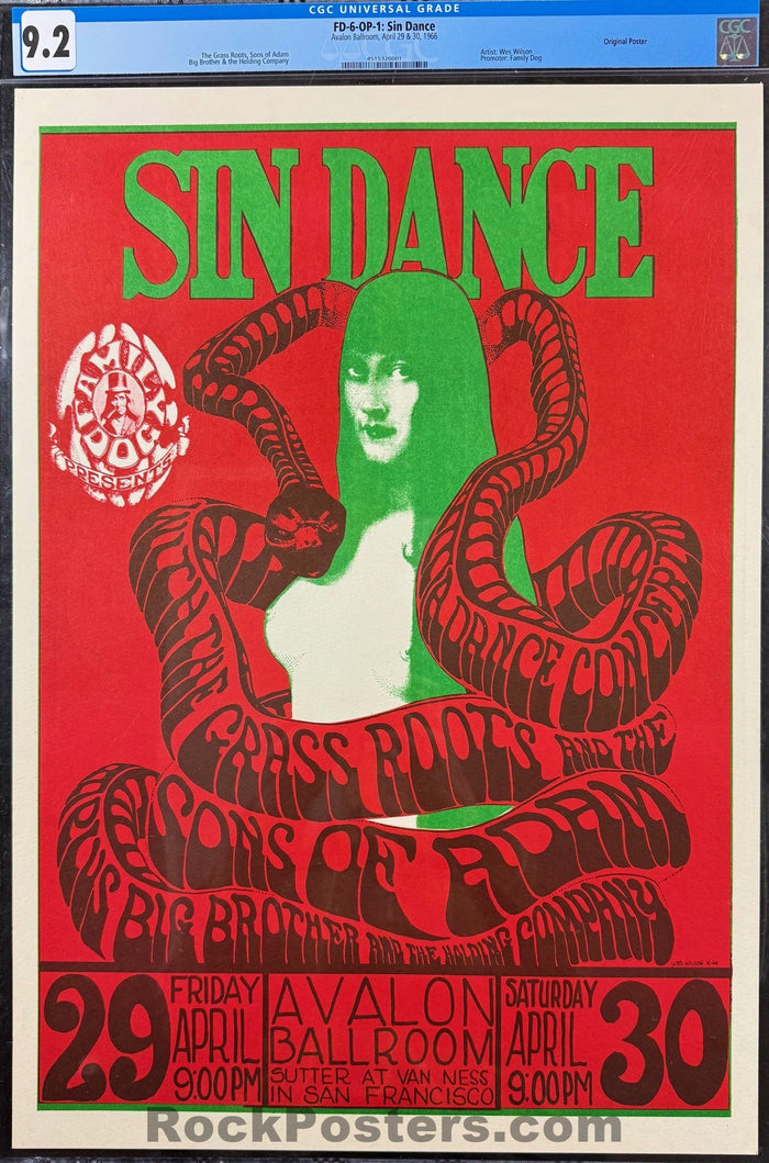 AUCTION - FD-6 - "Sin Dance" - Wes Wilson - 1966 Poster - Avalon Ballroom - CGC Graded 9.2-5229399-3906170