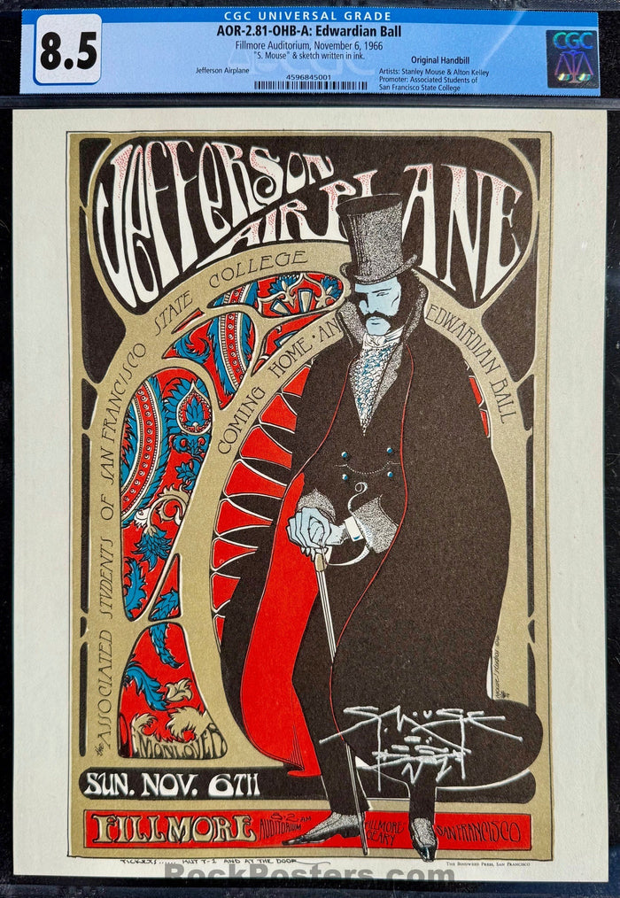 AUCTION - AOR 2.81 - Edwardian Ball - Jefferson Airplane - Stanley Mouse Signed - 1966 Handbill - San Francisco State - CGC Graded 8.5-5172850-3860413