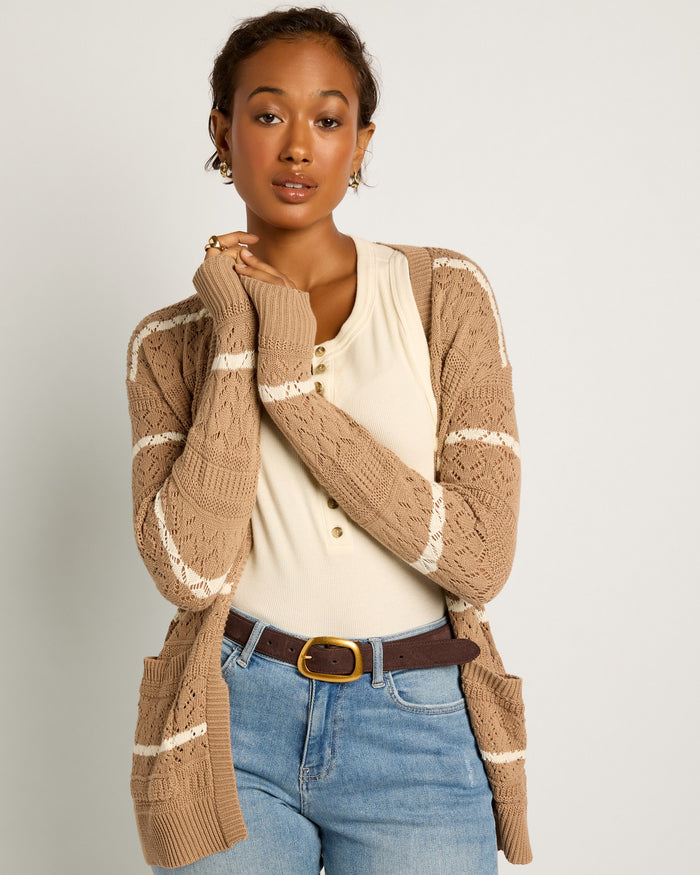 Fawn/Cream $|& SEAS Shore Pocket Cardigan - SOF Front