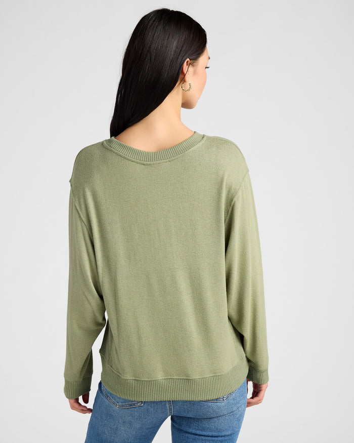 Heather Olive $|& SEAS Shoreline Hacci Thankful Graphic Crew - SOF Back