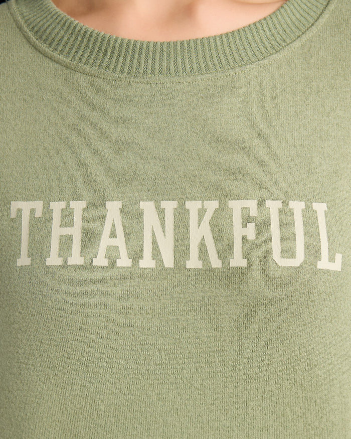 Heather Olive $|& SEAS Shoreline Hacci Thankful Graphic Crew - SOF Detail