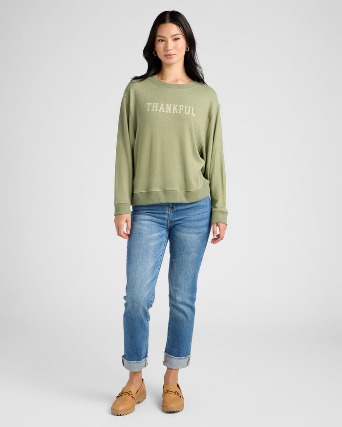 Heather Olive $|& SEAS Shoreline Hacci Thankful Graphic Crew - SOF Full Front