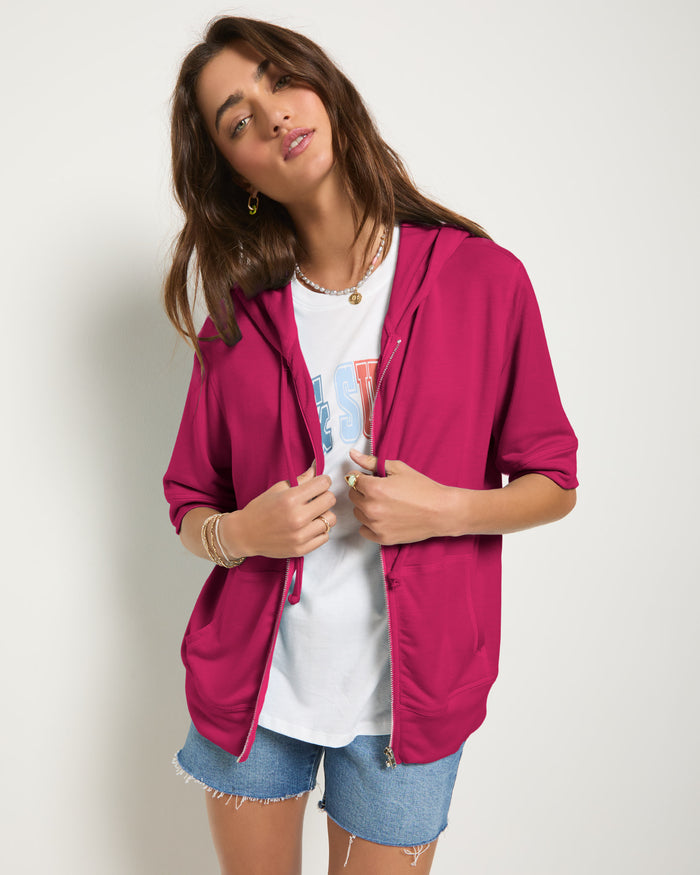 Magenta $|& SEAS Short Sleeve Fleece Zip Up - SOF Front