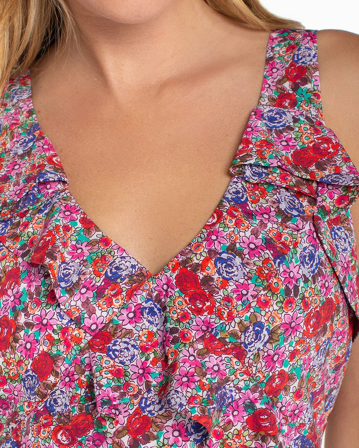 Pink Multi Floral $|& Liverpool Sleeveless Ruffle Front Woven Maxi Dress - Hanger Back