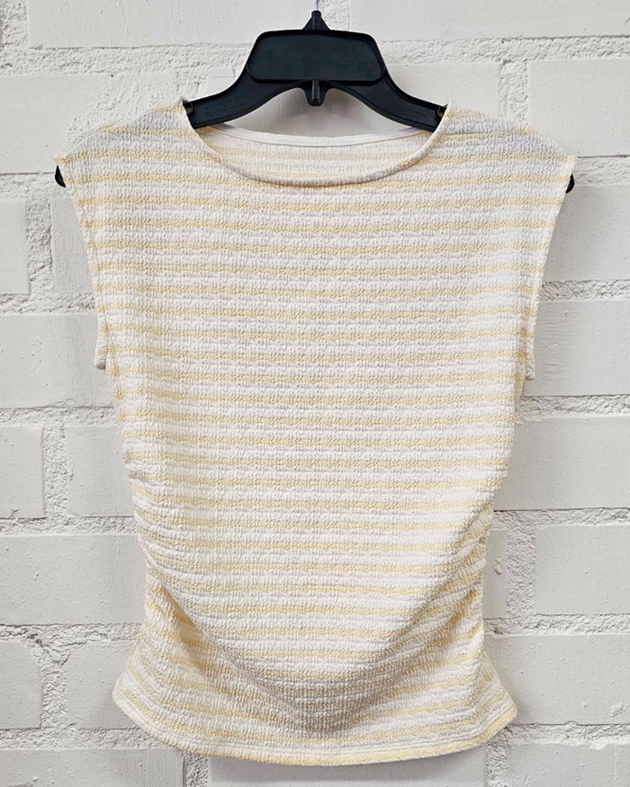 Ivory/Mellow Yellow $|& W. by Wantable Sleeveless Stripe Top with Side Ruching - VOF Detail