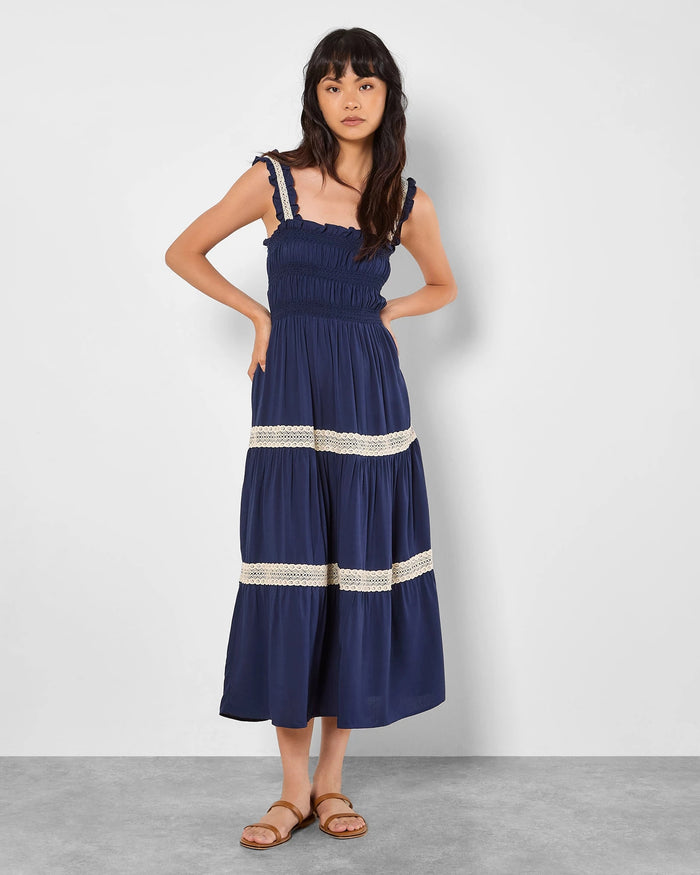 Navy $|& Apricot Smocked Crochet Lace Tiered Dress - VOF Detail