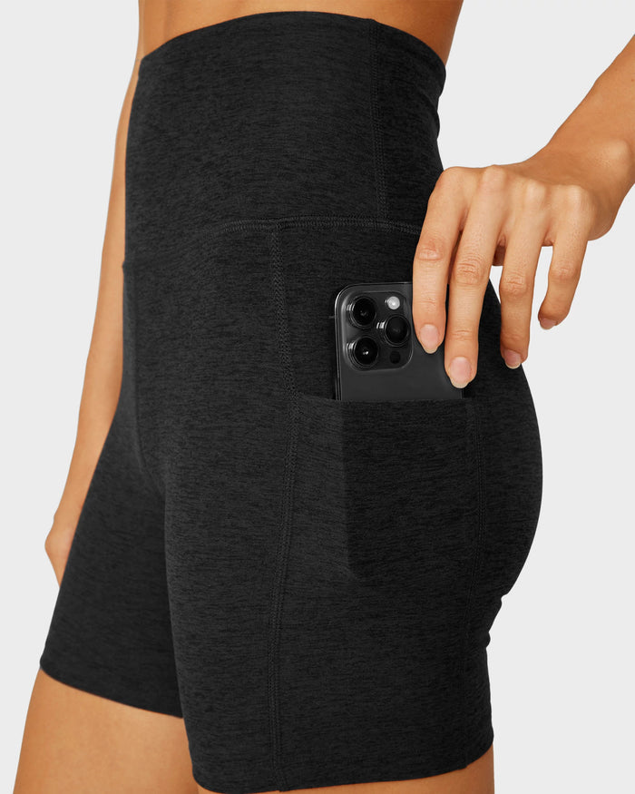 Darkest Night $|& Beyond Yoga Spacedye Keep Pace Pocket 5" Biker Short - Hanger Back