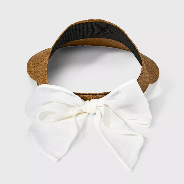 Straw Visor Hat with Bow Detail