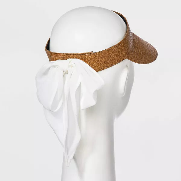 Straw Visor Hat with Bow Detail