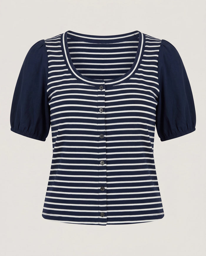 Navy/White $|& Skies Are Blue Stripe Knit Top with Contrast Sleeve - Hanger Detail