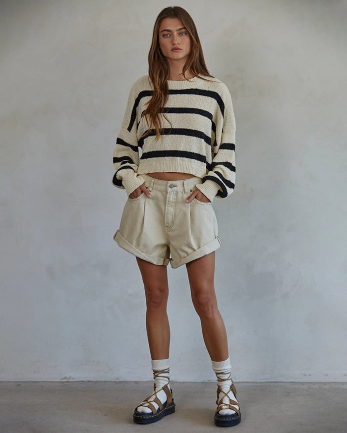 Natural/Black $|& by together Striped Drop Shoulder Crop Pullover - VOF Detail