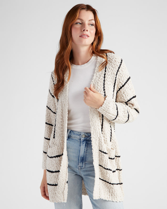 Cream/Black $|& Bobeau Striped Popcorn Cardigan - SOF Front