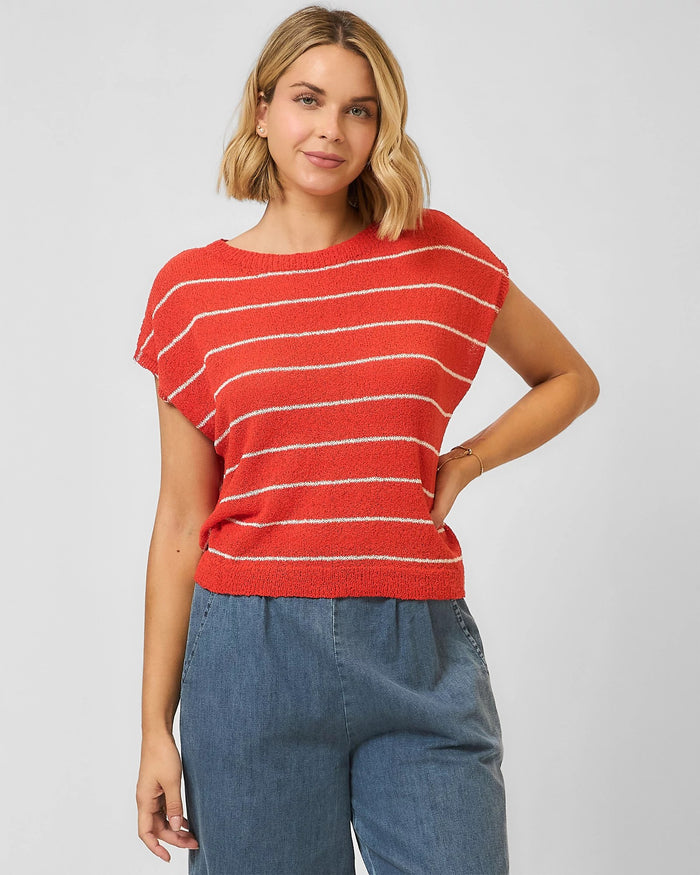 Red Orange $|& Cozy CO Striped  Short Sleeve Sweater Top - VOF Detail