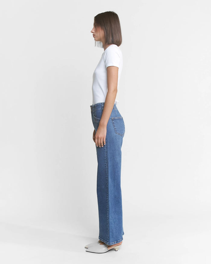 Medium Wash $|& Mica Denim Super High Rise Wide Leg Jean With Double Button - VOF Side