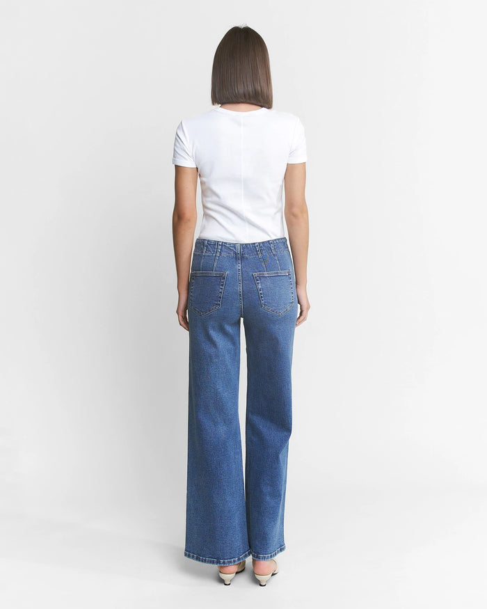 Medium Wash $|& Mica Denim Super High Rise Wide Leg Jean With Double Button - VOF Back