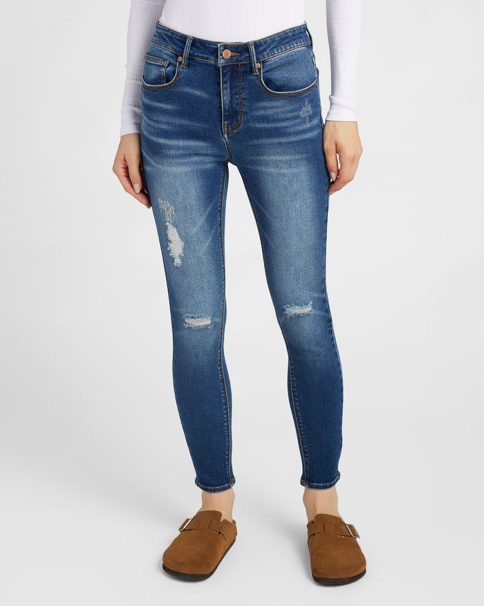 Dark Wash $|& Herizon Suzi Mid Rise Distressed Skinny Jeans - SOF Front