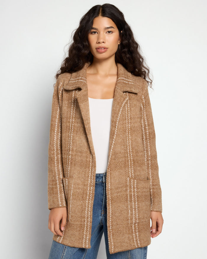 Sand Fuzzy Plaid $|& OneWorld Sweater Coatigan - SOF Front