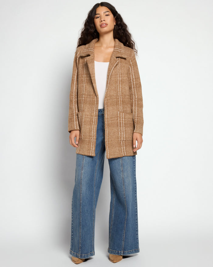 Sand Fuzzy Plaid $|& OneWorld Sweater Coatigan - UGC On Fig