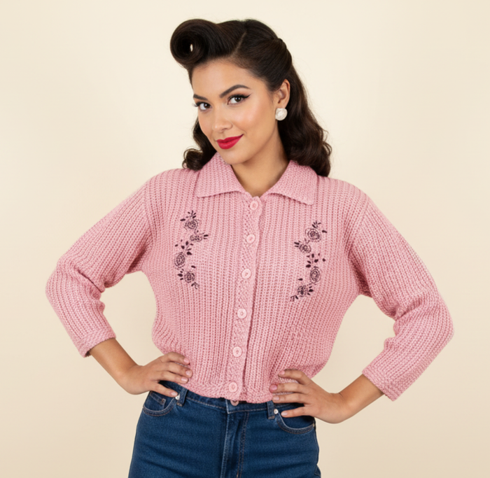Sweetheart Pink Knit Cardigan with Floral Embroidery – Retro 50s Inspired Button-Up Sweater