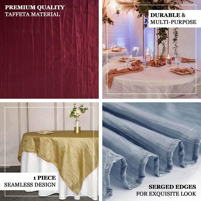 Premium quality taffeta table covers in burgundy, gold, and blue with seamless design.