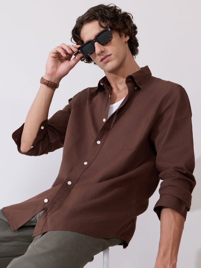 Men's Comfort Fit Dark Brown Linen Shirt