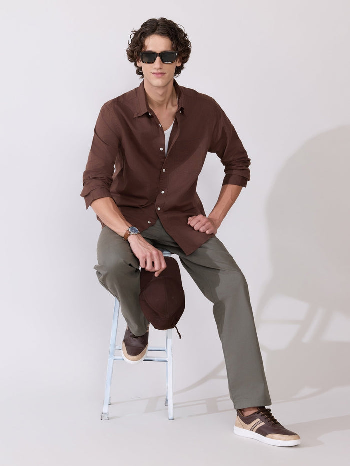 Men's Comfort Fit Dark Brown Linen Shirt