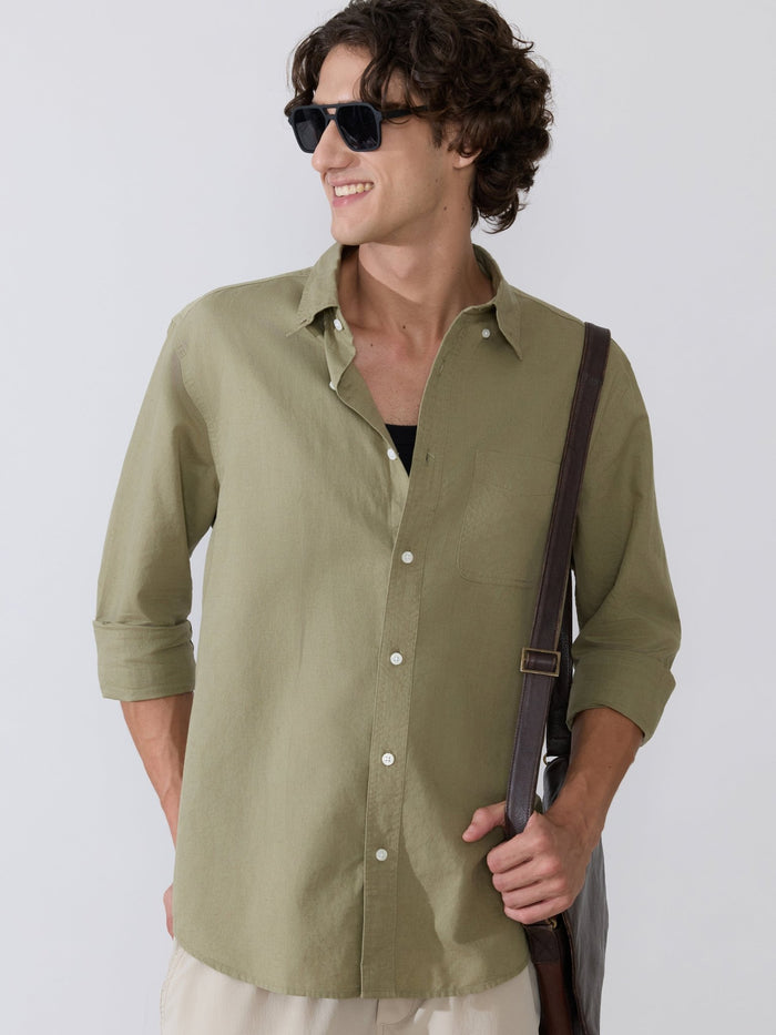 Men's Comfort Fit light olive Linen Shirt