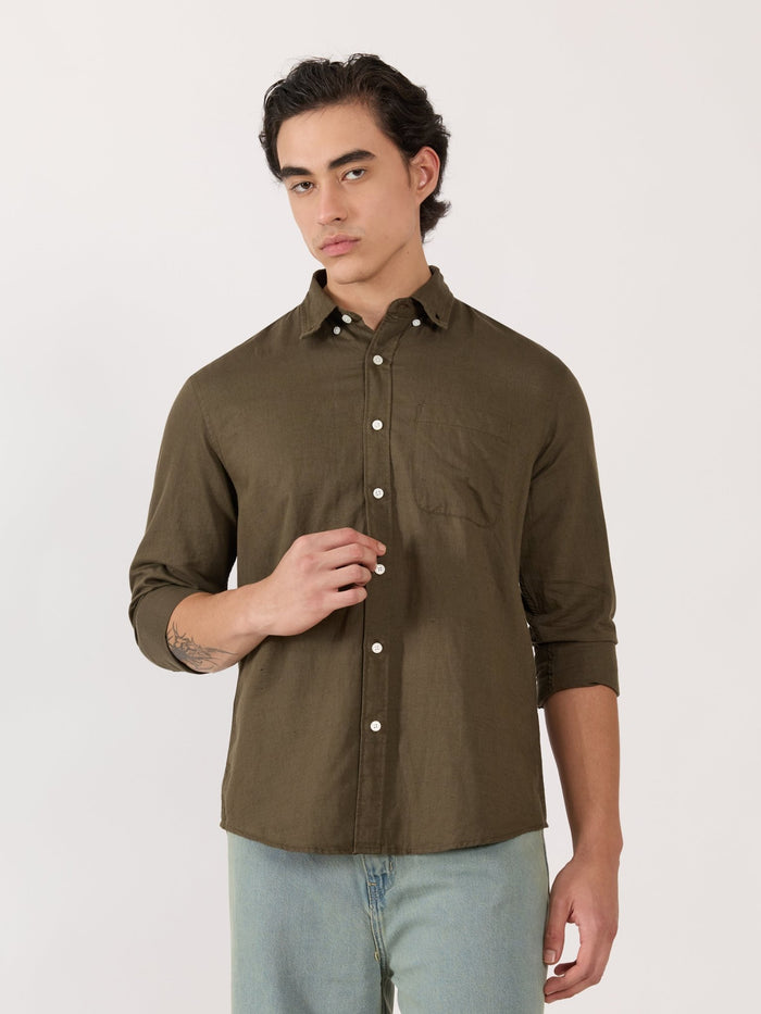 Men's Relaxed Linen Shirt - olive green