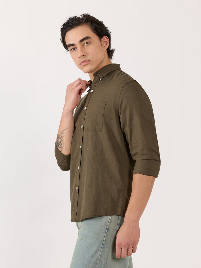 Men's Relaxed Linen Shirt - olive green