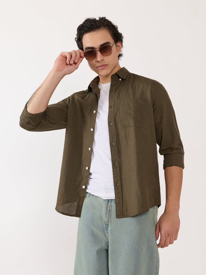 Men's Relaxed Linen Shirt - olive green
