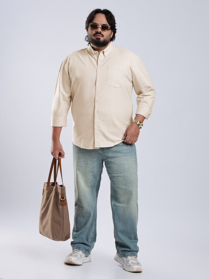 Telodo - Relaxed Fit Plain Plus Size Shirt - Light Beige