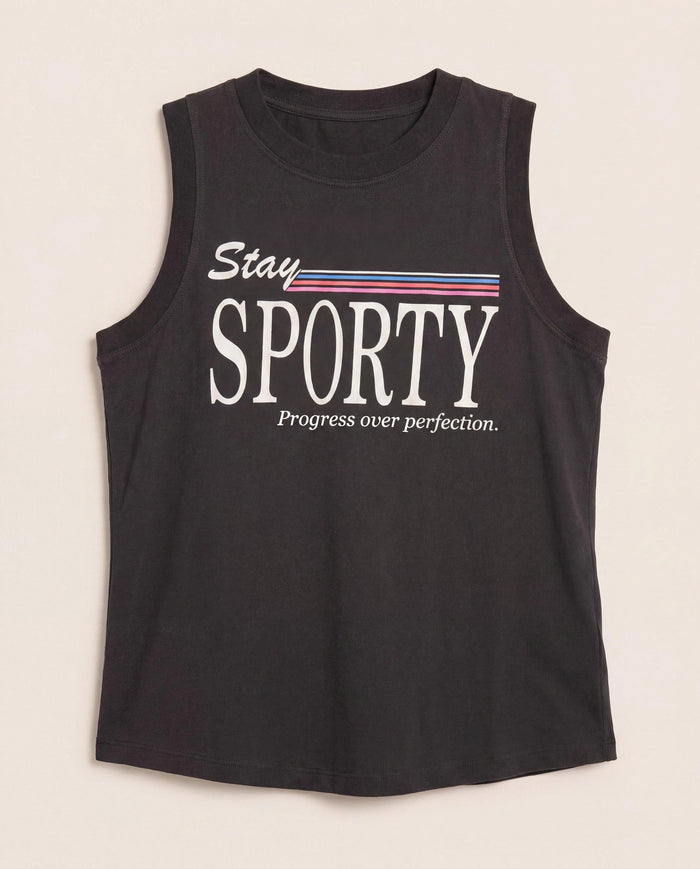Faded Black $|& Interval Terrain Muscle Tank " Stay Sporty" - Hanger Detail