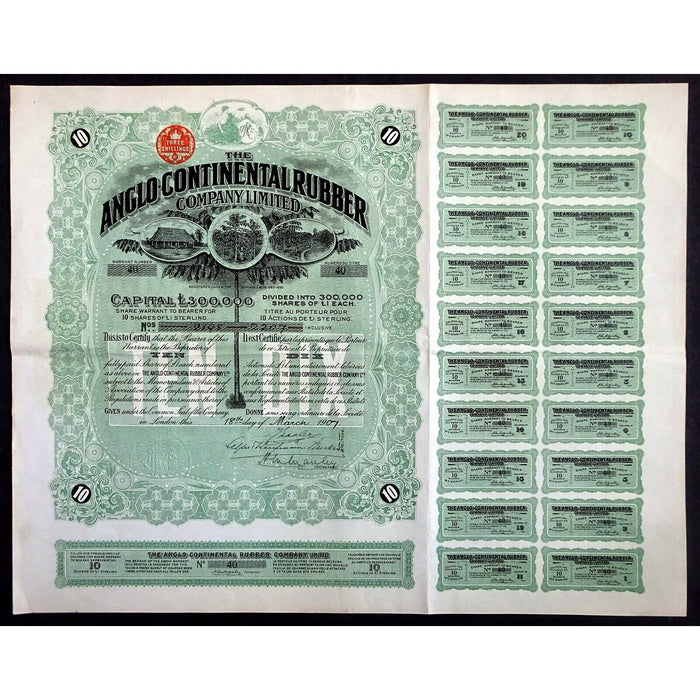 The Anglo-Continental Rubber Company Limited 1907 London Stock Certificate