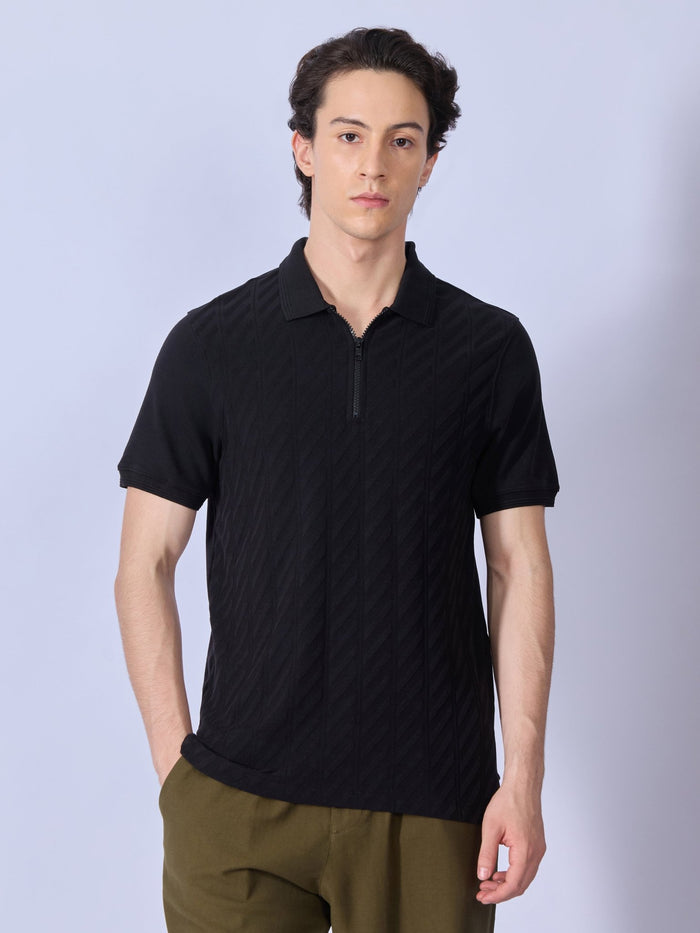 Todo - Jacquard Half-Zip Polo T-Shirt – Black
