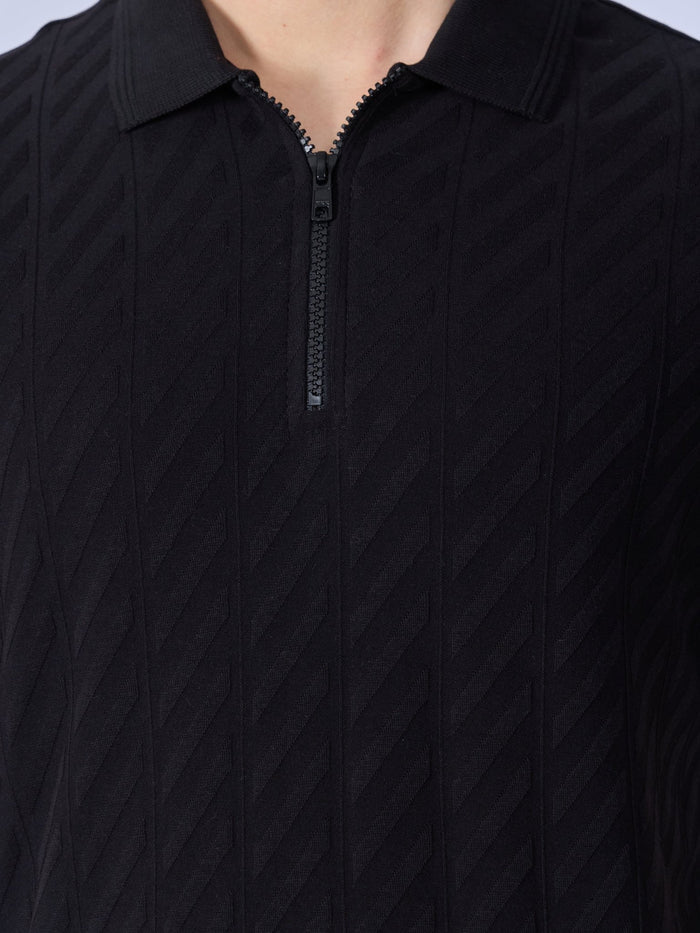 Todo - Jacquard Half-Zip Polo T-Shirt – Black