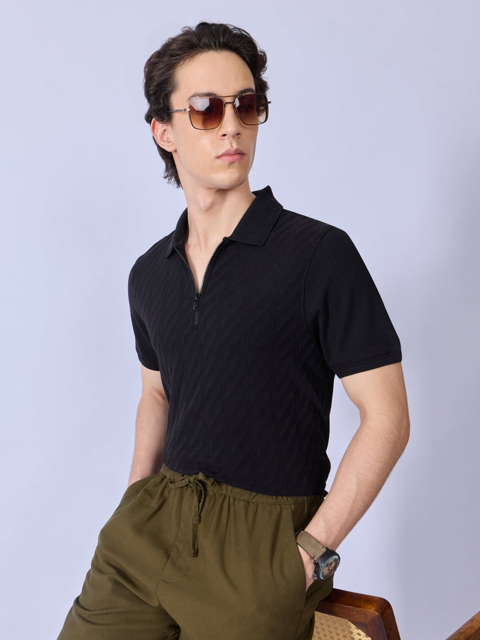 Todo - Jacquard Half-Zip Polo T-Shirt – Black