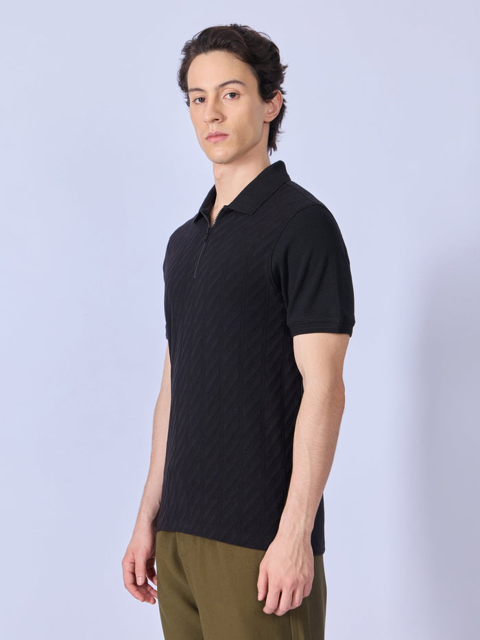 Todo - Jacquard Half-Zip Polo T-Shirt – Black