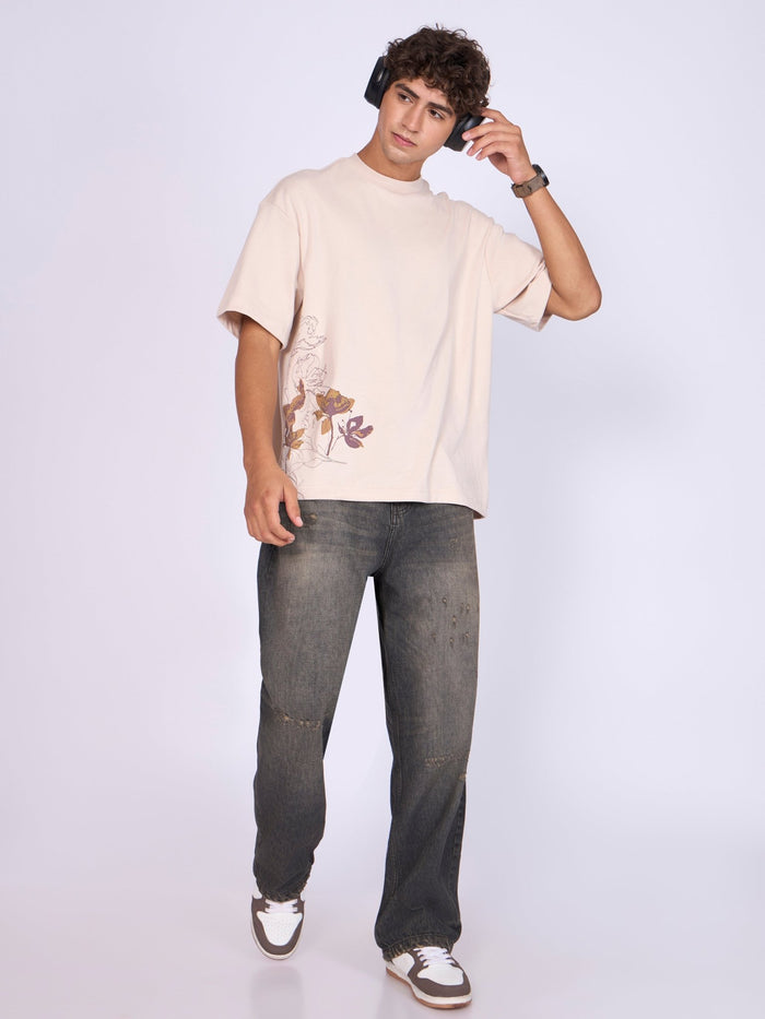 Printed Loose Fit T-Shirt - Cream