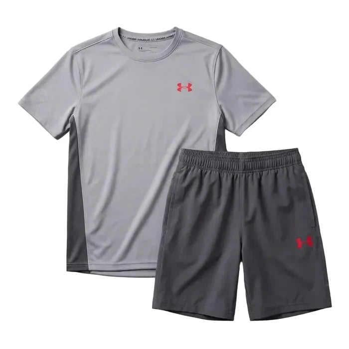 Under Armour Junior's 2 Piece Co Ord Set Grey/Red T-Shirt & Shorts