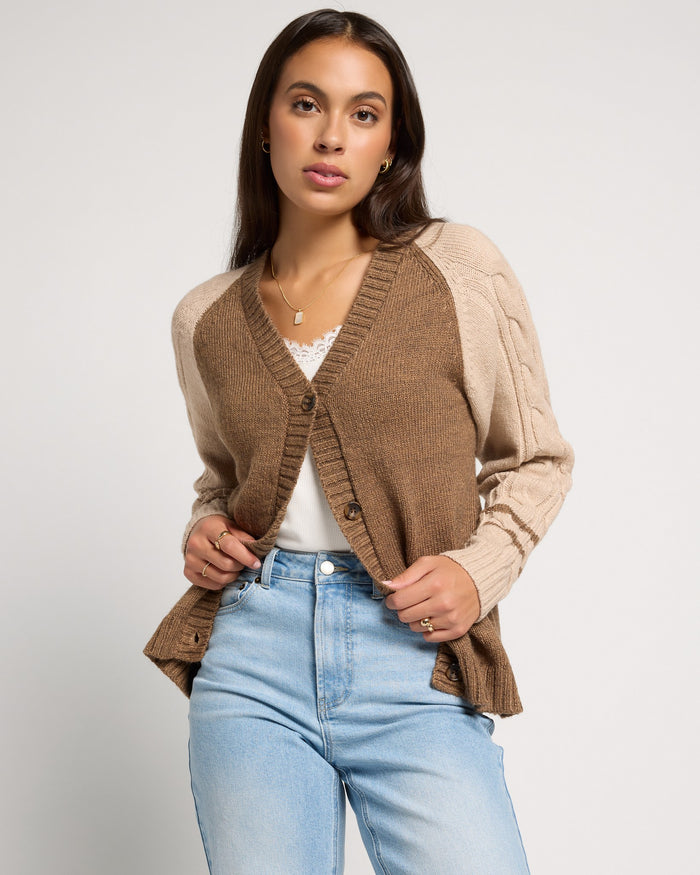 Heather Caramel $|& SEAS Varsity Button Front Cardigan - SOF Front