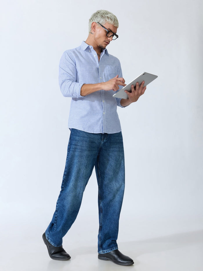 Vodo - Linen Micro Stripe Shirt - Blue