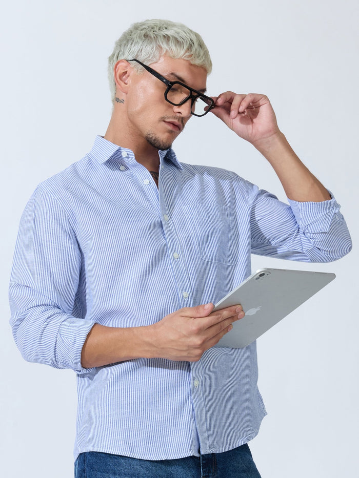 Vodo - Linen Micro Stripe Shirt - Blue