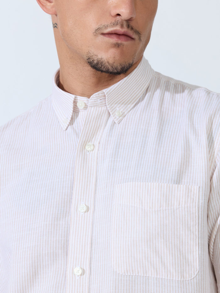 Vodo - Linen Micro Stripe Shirt - Light Beige
