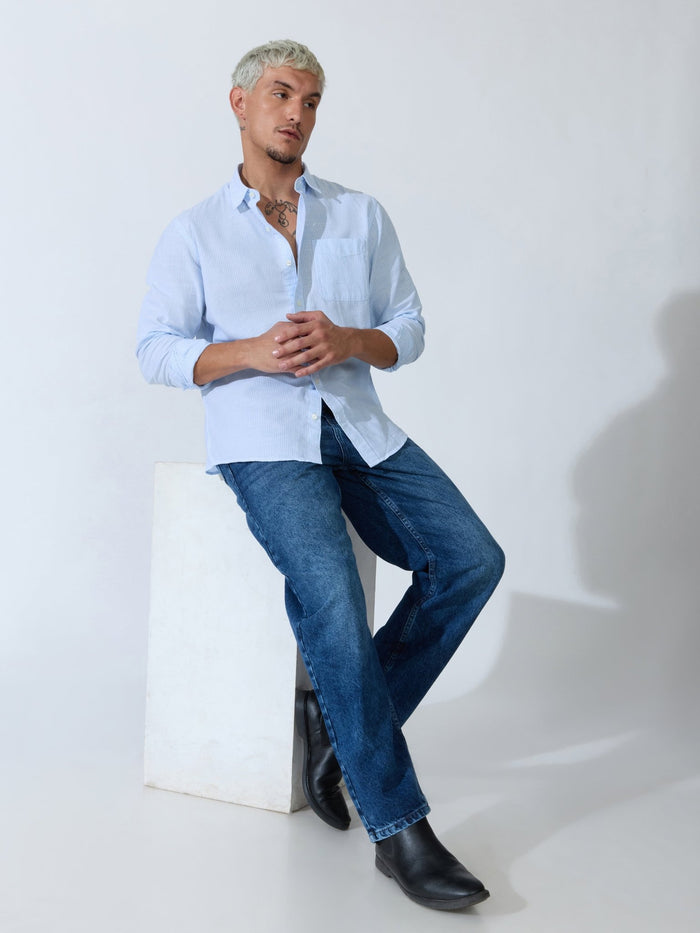 Vodo - Linen Micro Stripe Shirt - Light Blue