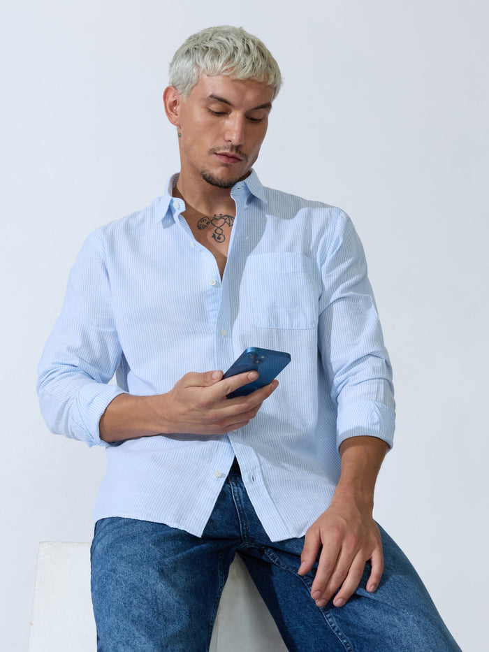 Vodo - Linen Micro Stripe Shirt - Light Blue